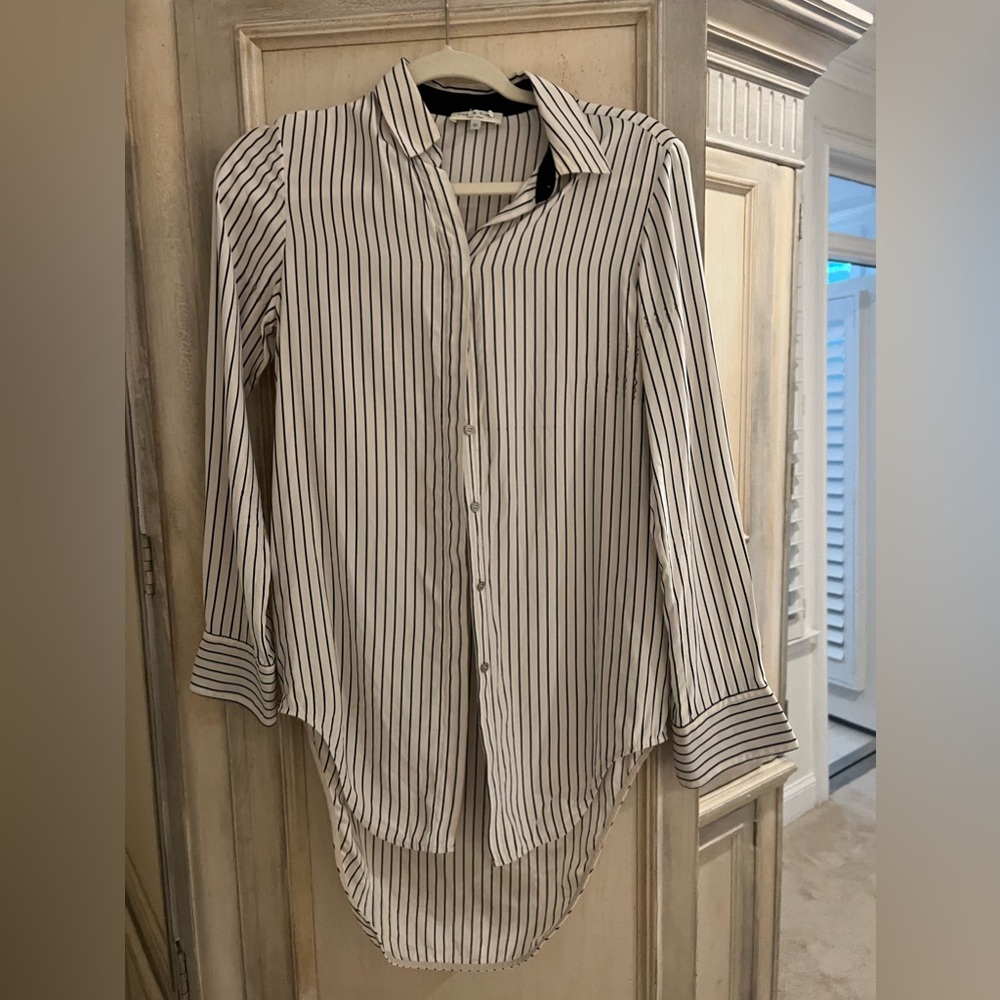 Rag and Bone Silk Navy Striped Button Up Blouse